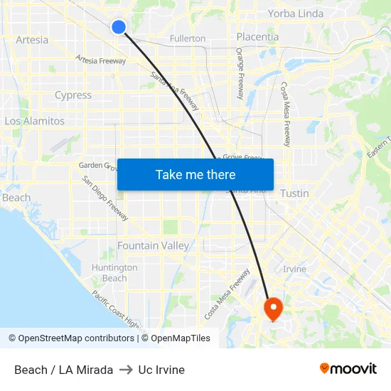 Beach / La Mirada to Uc Irvine map