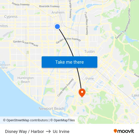 Disney Way / Harbor to Uc Irvine map