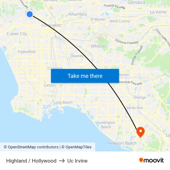 Highland / Hollywood to Uc Irvine map