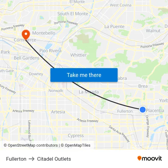 Fullerton to Citadel Outlets map