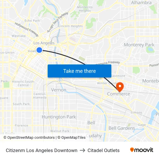 Citizenm Los Angeles Downtown to Citadel Outlets map