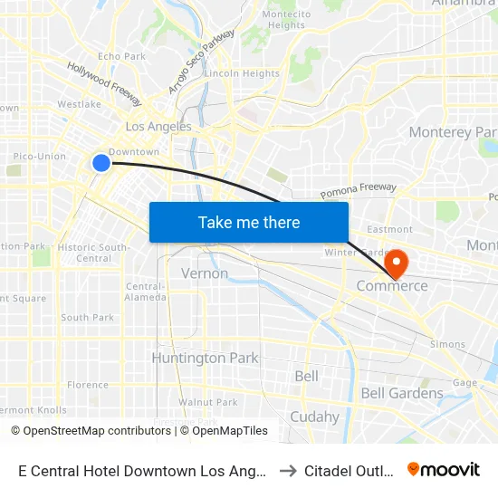 E Central Hotel Downtown Los Angeles to Citadel Outlets map