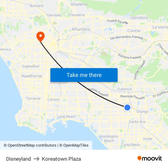 Disneyland to Koreatown Plaza map