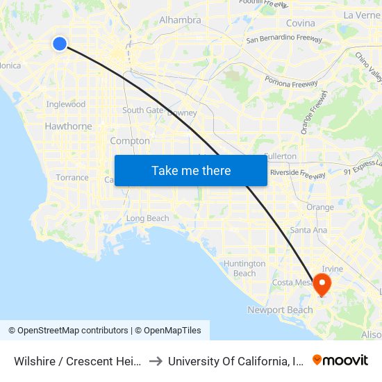 Wilshire / Crescent Heights to University Of California, Irvine map