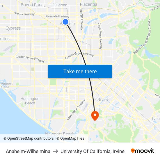 Anaheim-Wilhelmina to University Of California, Irvine map