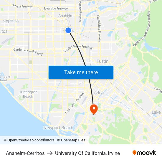 Anaheim-Cerritos to University Of California, Irvine map