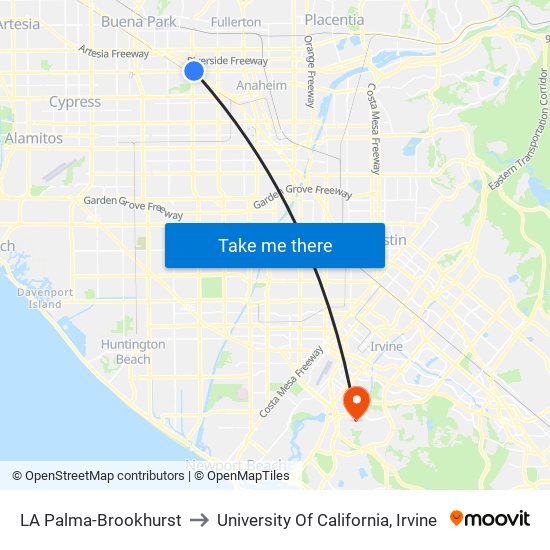 LA Palma-Brookhurst to University Of California, Irvine map