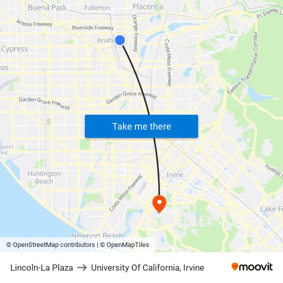 Lincoln-La Plaza to University Of California, Irvine map