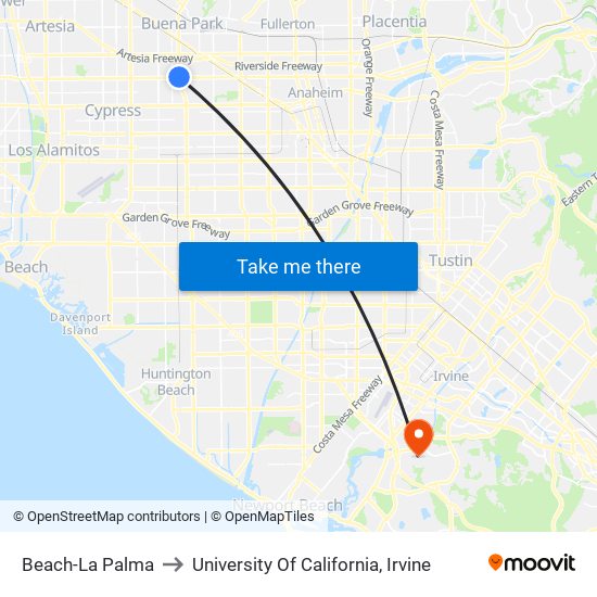 Beach-La Palma to University Of California, Irvine map