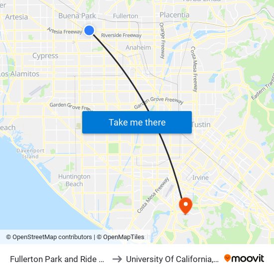 Fullerton Park and Ride Dock 5 to University Of California, Irvine map