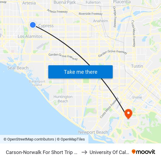 Carson-Norwalk For Short Trip From Hawaiian Garden to University Of California, Irvine map