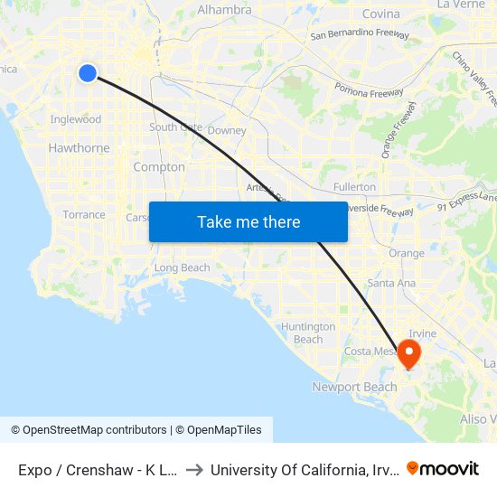 Expo / Crenshaw - K Line to University Of California, Irvine map