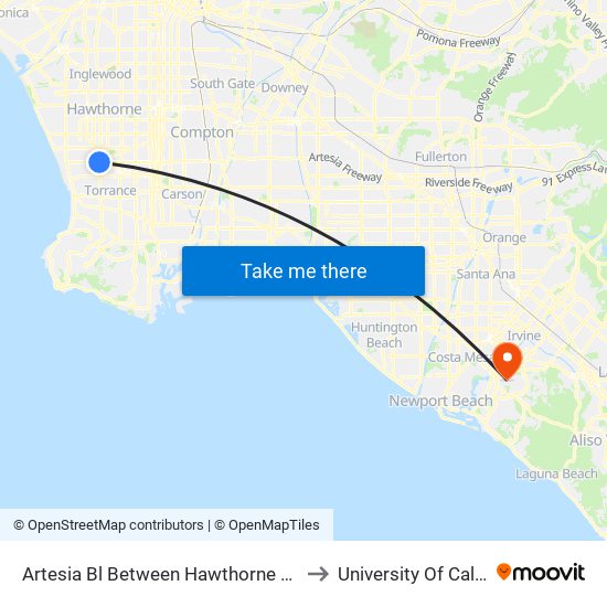 Artesia Bl Between Hawthorne Bl & Redondo Beach Bl to University Of California, Irvine map