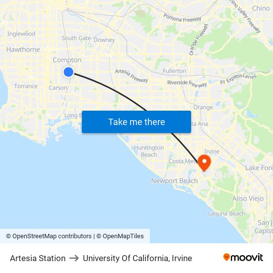 Artesia Station to University Of California, Irvine map