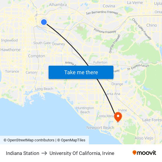 Indiana Station to University Of California, Irvine map