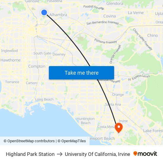 Highland Park Station to University Of California, Irvine map