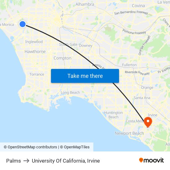 Palms to University Of California, Irvine map