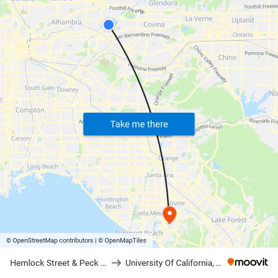 Hemlock Street & Peck Road to University Of California, Irvine map