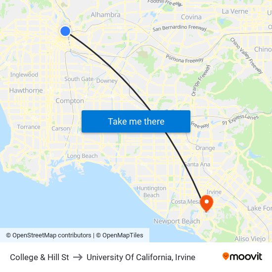 College & Hill St to University Of California, Irvine map