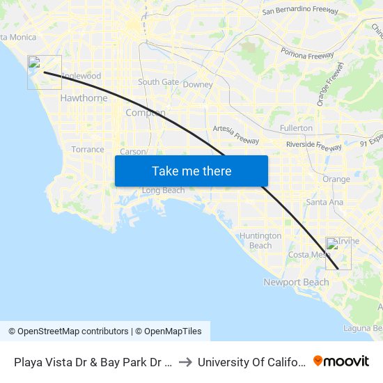 Playa Vista Dr & Bay Park Dr (Northbound) to University Of California, Irvine map