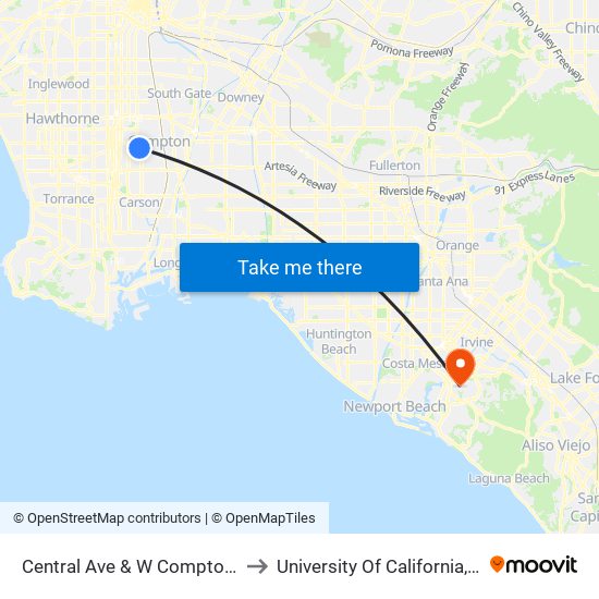 Central Ave & W Compton Blvd to University Of California, Irvine map