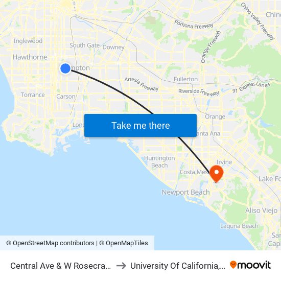 Central Ave & W Rosecrans Ave to University Of California, Irvine map