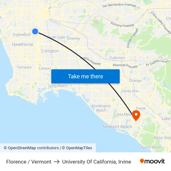 Florence / Vermont to University Of California, Irvine map