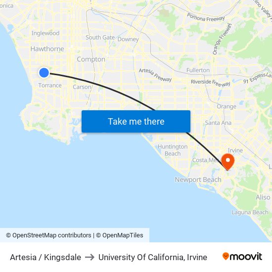 Artesia / Kingsdale to University Of California, Irvine map