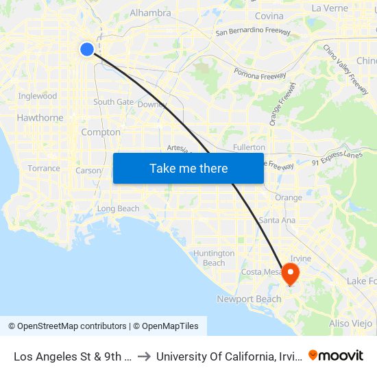 Los Angeles St & 9th St to University Of California, Irvine map