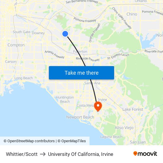 Whittier/Scott to University Of California, Irvine map