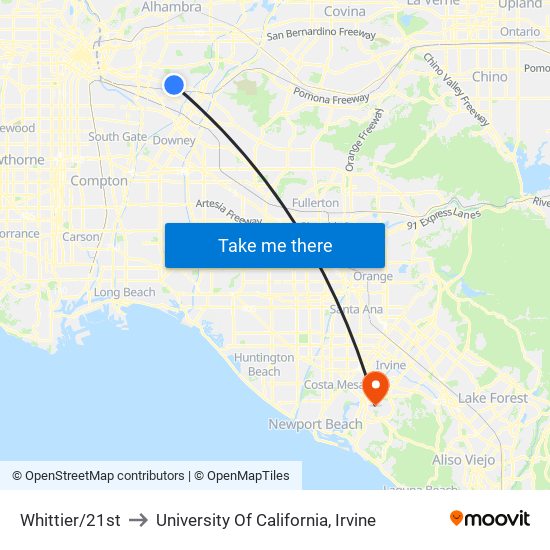 Whittier/21st to University Of California, Irvine map