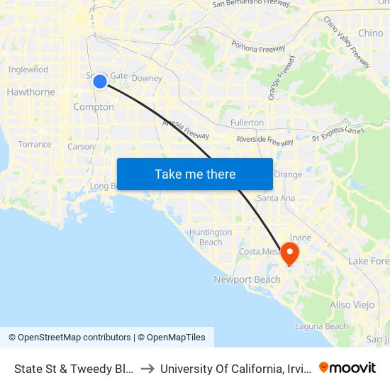 State St & Tweedy Blvd to University Of California, Irvine map