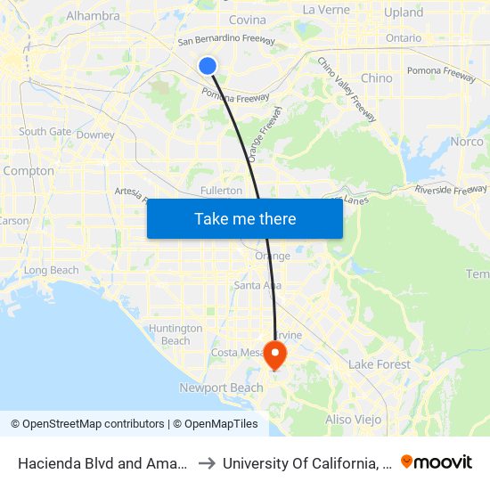 Hacienda Blvd and Amar Rd S to University Of California, Irvine map