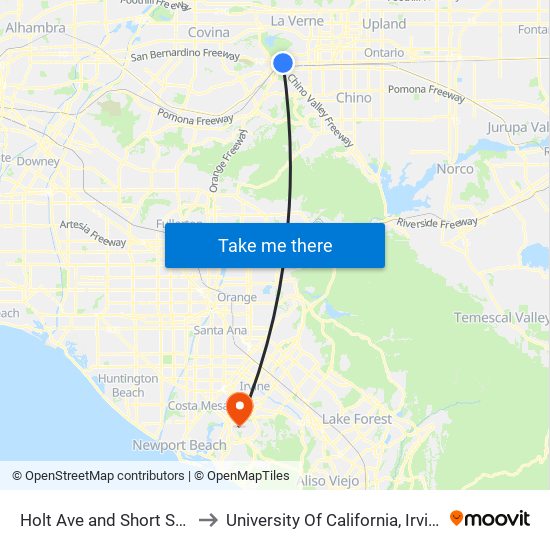 Holt Ave and Short St E to University Of California, Irvine map