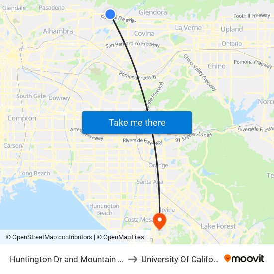 Huntington Dr and Mountain Vista Plaza W to University Of California, Irvine map