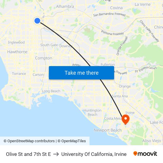 Olive St and 7th St E to University Of California, Irvine map