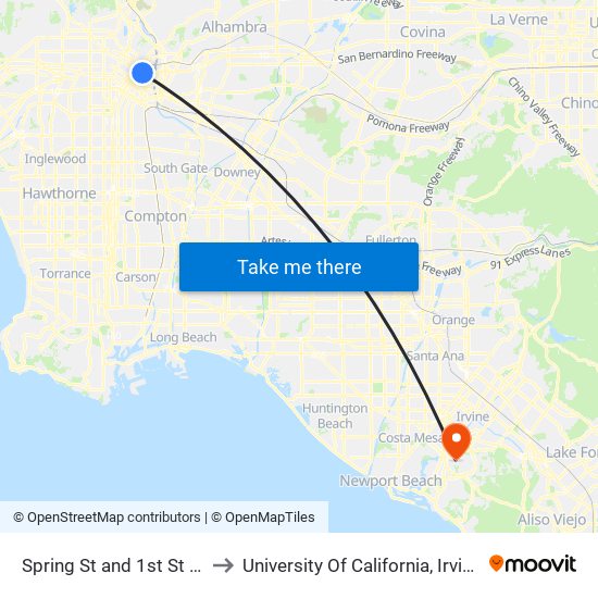 Spring St and 1st St W to University Of California, Irvine map