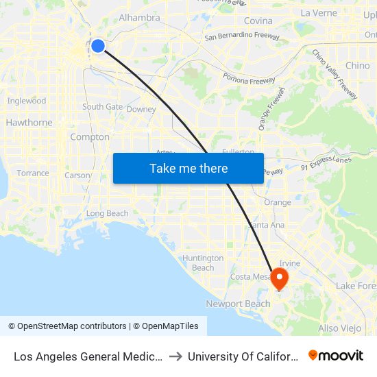 Los Angeles General Medical Center E to University Of California, Irvine map