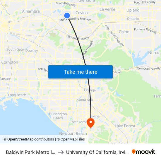 Baldwin Park Metrolink to University Of California, Irvine map