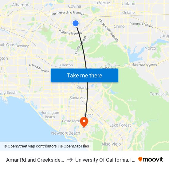 Amar Rd and Creekside Dr E to University Of California, Irvine map