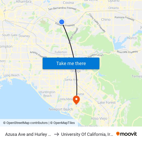 Azusa Ave and Hurley St S to University Of California, Irvine map