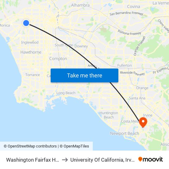 Washington Fairfax Hub to University Of California, Irvine map