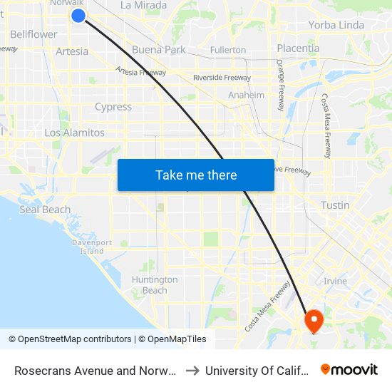 Rosecrans Avenue and Norwalk Boulevard N to University Of California, Irvine map