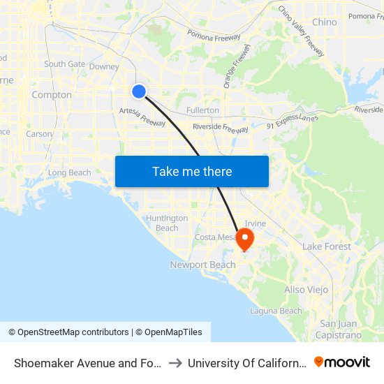Shoemaker Avenue and Foster Road to University Of California, Irvine map