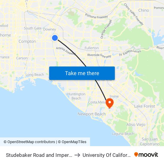 Studebaker Road and Imperial Highway to University Of California, Irvine map