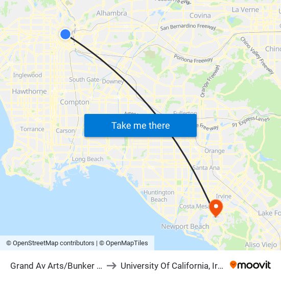 Grand Av Arts/Bunker Hill to University Of California, Irvine map
