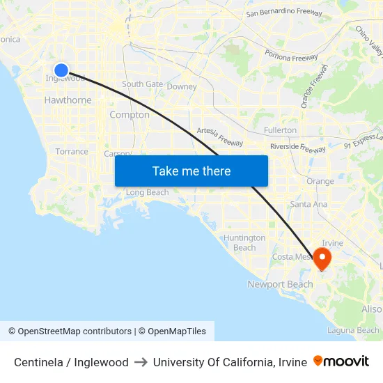 Centinela / Inglewood to University Of California, Irvine map