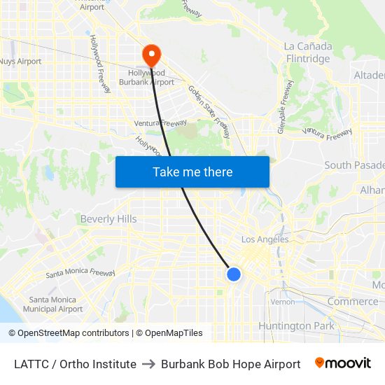 LATTC / Ortho Institute to Burbank Bob Hope Airport map