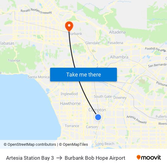 Artesia Station Bay 3 to Burbank Bob Hope Airport map