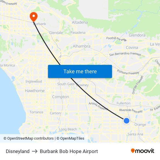 Disneyland to Burbank Bob Hope Airport map